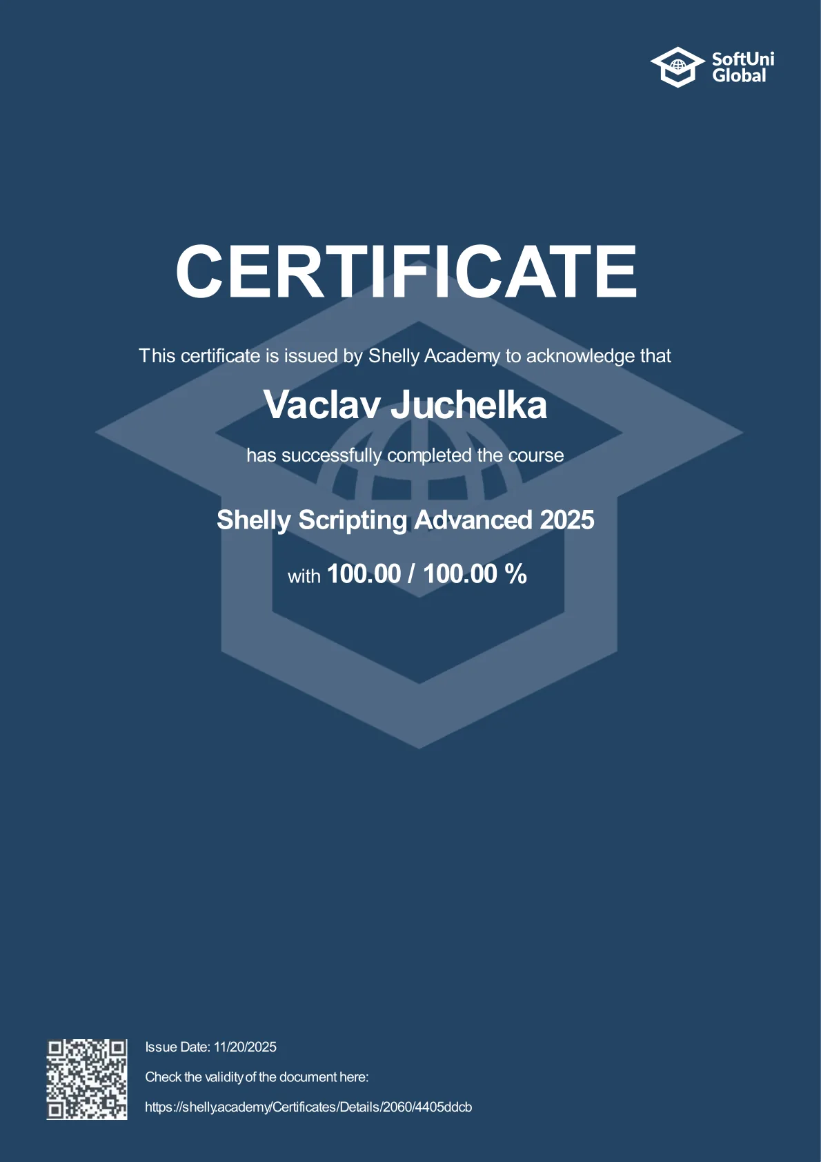 První strana certifikátu Shelly Scripting Advanced 2025 pro Václava Juchelku